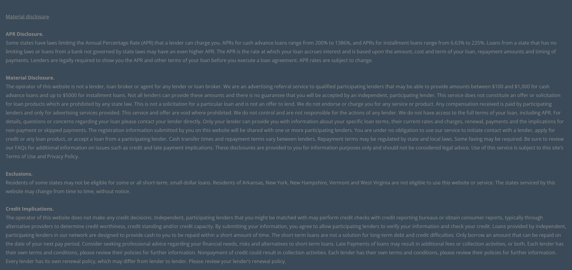 Material disclosure for payday loans in McKinney Texas